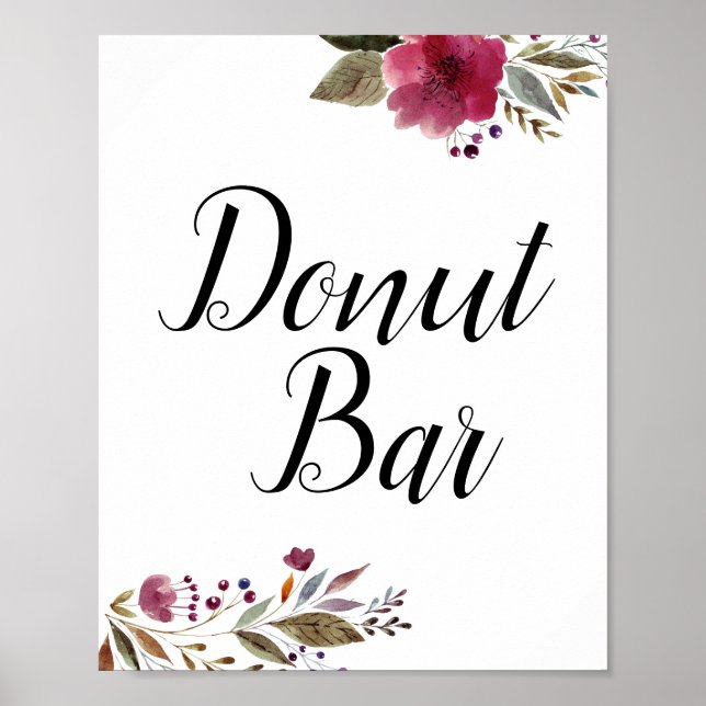 Donut Bar Burgundy Flowers Wedding Sign (Front)