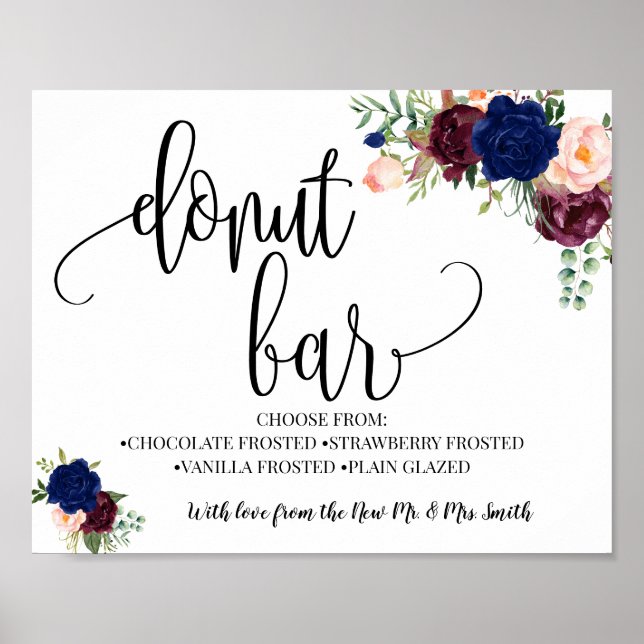 Donut bar party wedding reception navy burgundy poster (Front)