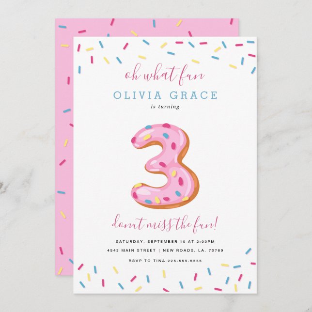 Donut Birthday Celebration | Three Invitation (Front/Back)