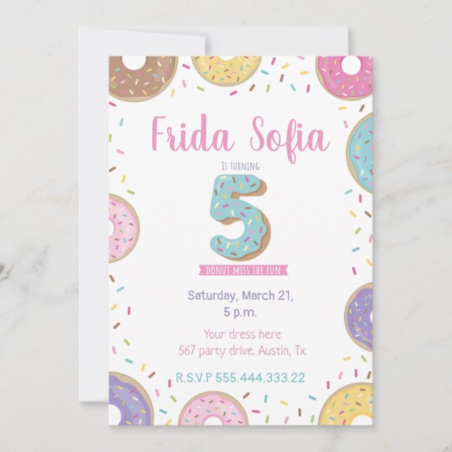 Donut Birthday invitation, 5th birthday invitation (Front)