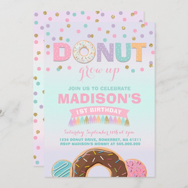 Donut Birthday Invitation Donut Grow Up Party (Front/Back)