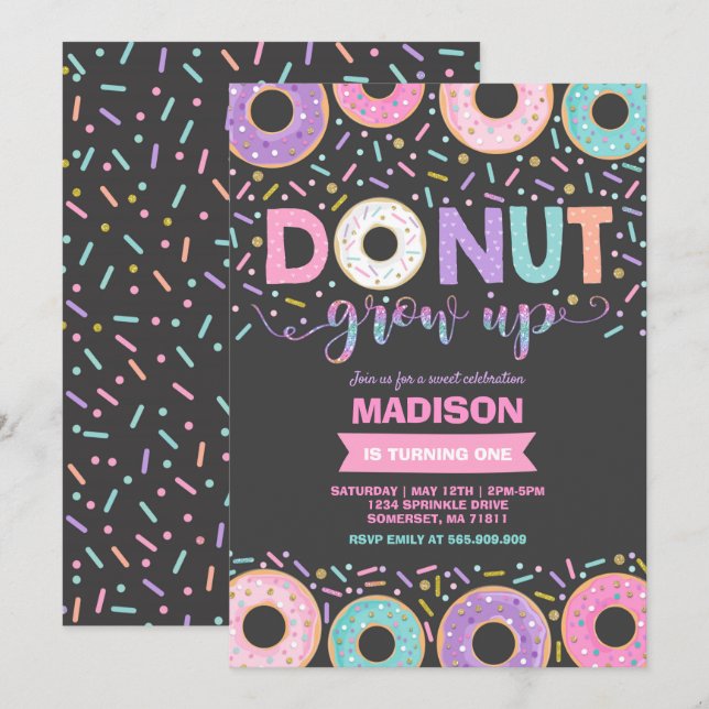 Donut Birthday Invitation Donut Grow Up Party (Front/Back)