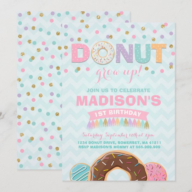 Donut Birthday Invitation Donut Grow Up Party (Front/Back)