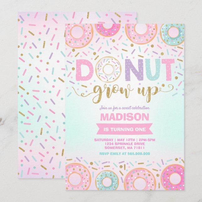 Donut Birthday Invitation Donut Grow Up Party (Front/Back)
