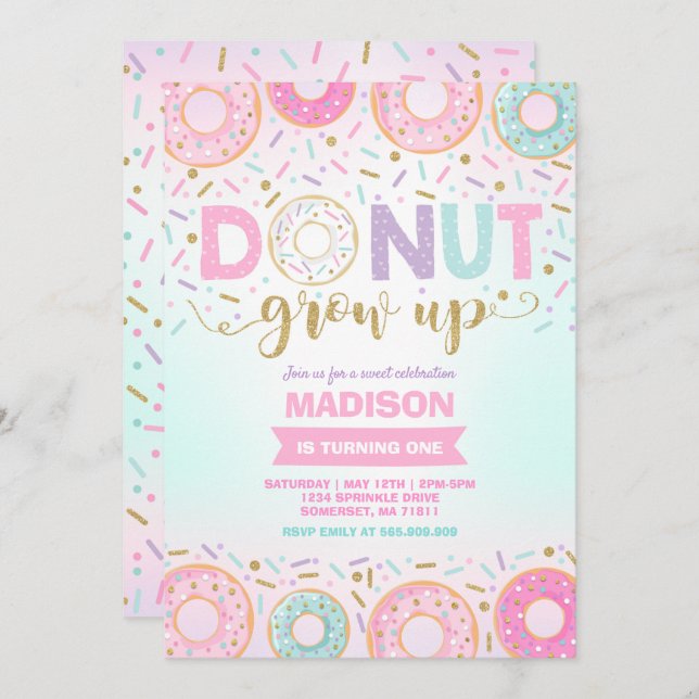 Donut Birthday Invitation Donut Grow Up Party (Front/Back)