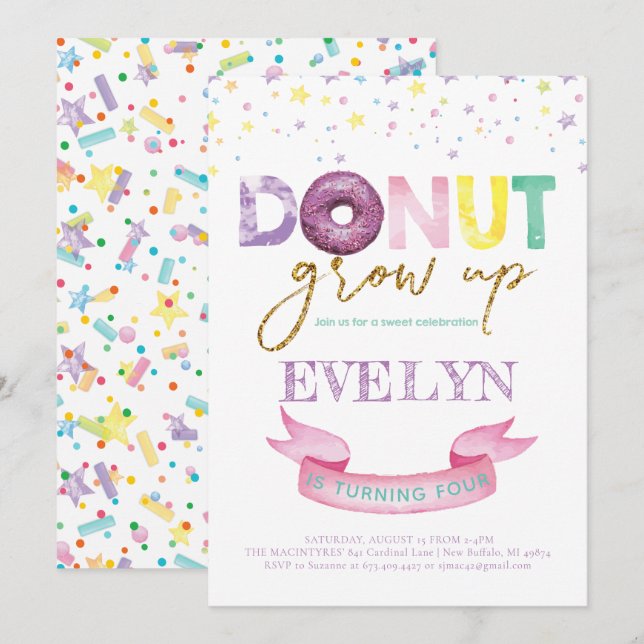 Donut Birthday Invitation Donut Grow Up Party (Front/Back)