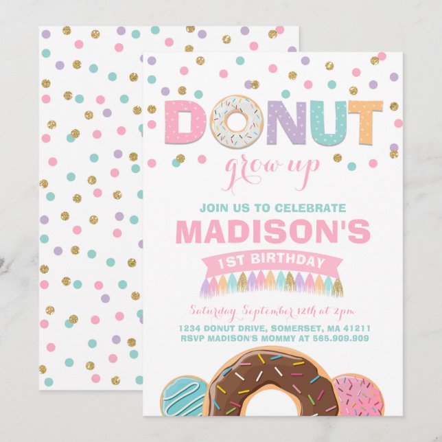 Donut Birthday Invitation Donut Grow Up Party (Front/Back)