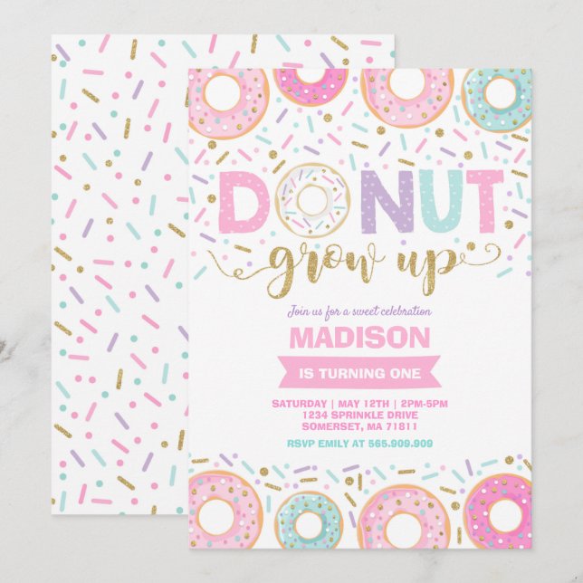 Donut Birthday Invitation Donut Grow Up Party (Front/Back)