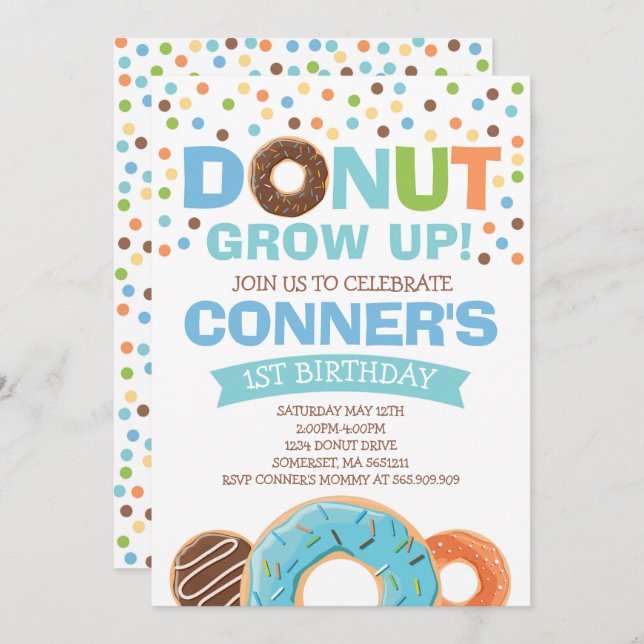Donut Birthday Invitation Donut Grow Up Party (Front/Back)