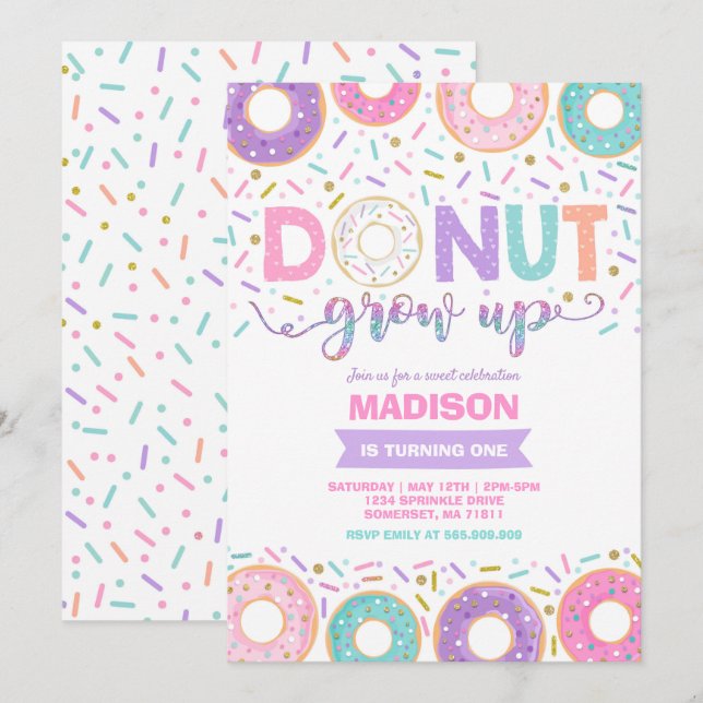Donut Birthday Invitation Donut Grow Up Party (Front/Back)