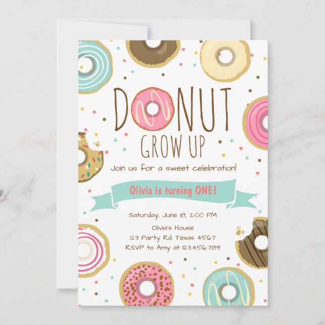 Donut Birthday Invitation Donut grow up party (Front)