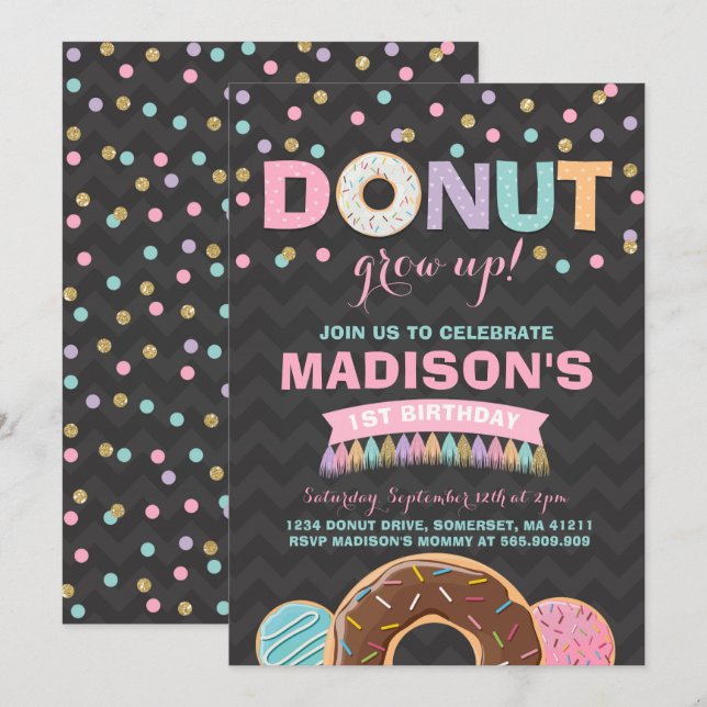 Donut Birthday Invitation Donut Grow Up Party (Front/Back)