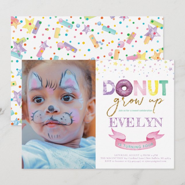 Donut Birthday Invitation Donut Grow Up Photo (Front/Back)