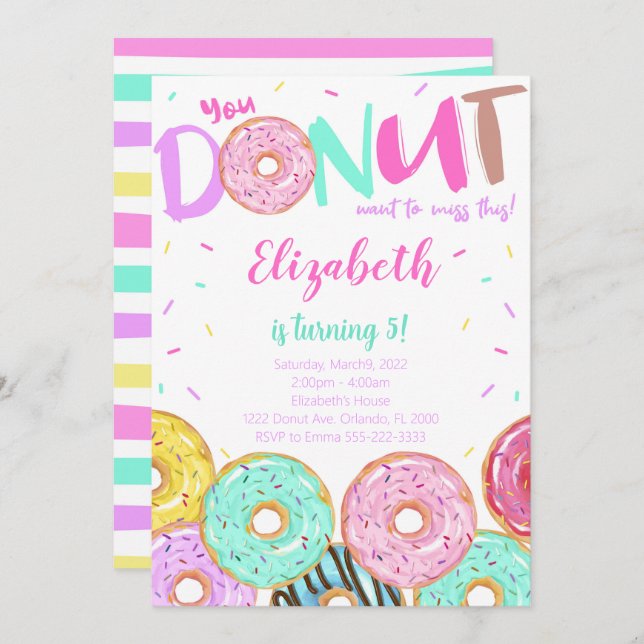 Donut Birthday Invitation, Donut Invitation (Front/Back)