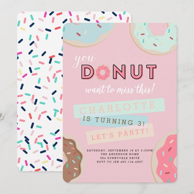 Donut Birthday Invitation - Donut Miss This Party! (Front/Back)