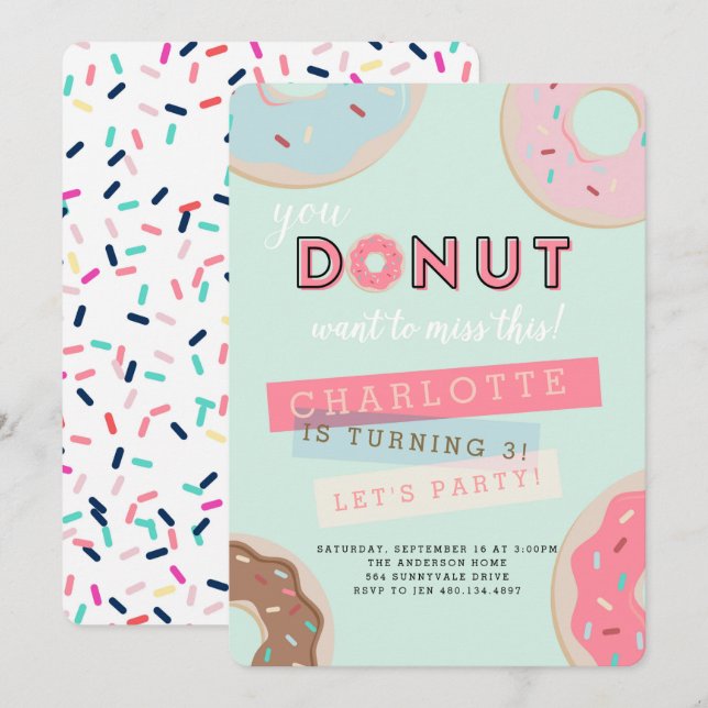 Donut Birthday Invitation - Donut Miss This Party! (Front/Back)