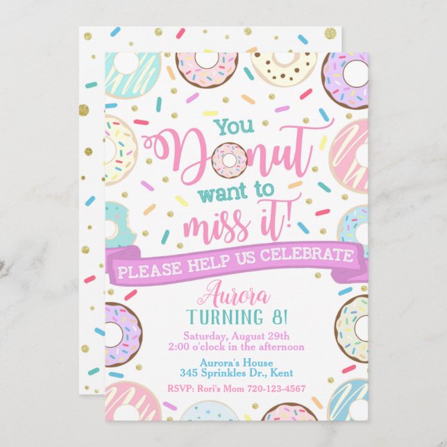 Donut Birthday Invitation Donut Party (Front/Back)