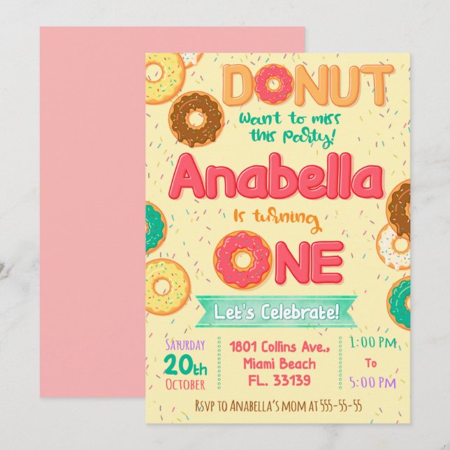 Donut Birthday invitation, Donut party Invitation (Front/Back)