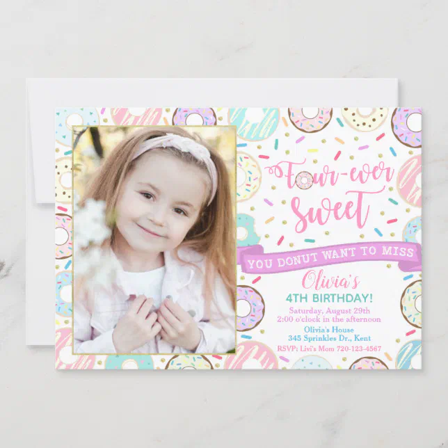 Donut Birthday Invitation Four-Ever Sweet Invite | Zazzle