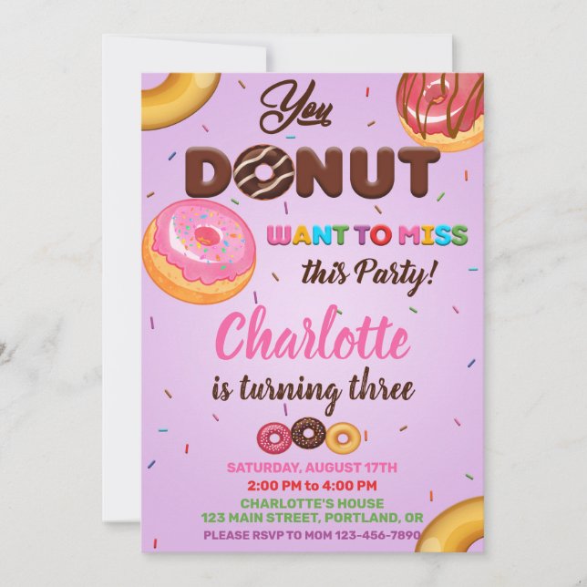 Donut birthday invitation Purple sprinkles Party (Front)