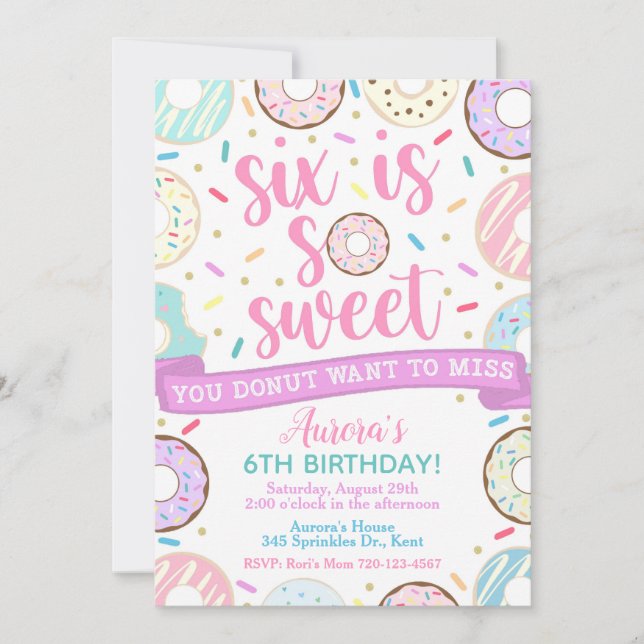 Donut Birthday Invitation, Six is Sweet Invitation (Front)