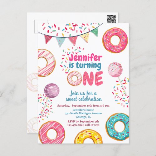 Donut Birthday Invitation Sweet 1 ONE Postcard