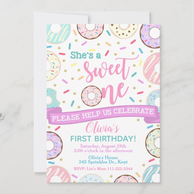 Donut Birthday Invitation Sweet One Party (Front)