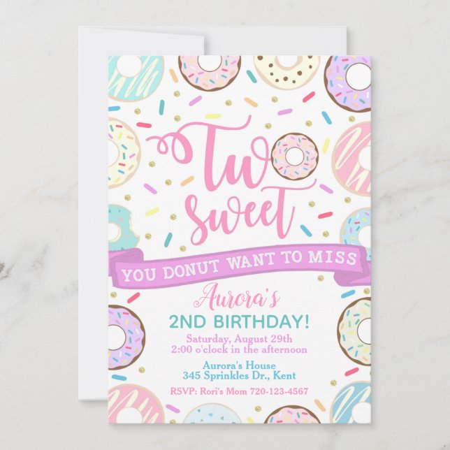 Donut Birthday Invitation Two Sweet Party (Front)