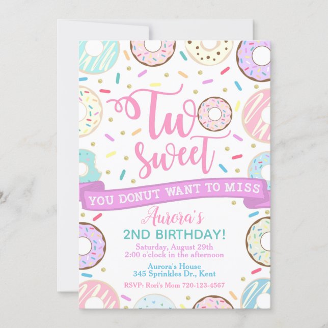 Donut Birthday Invitation Two Sweet Party (Front)
