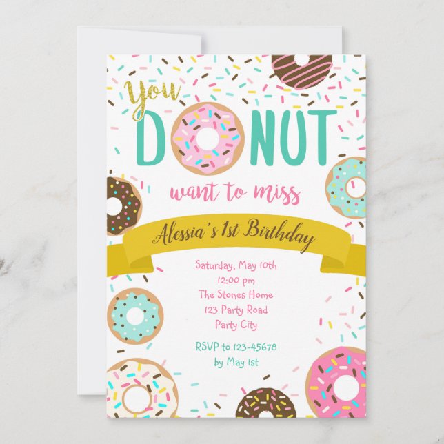 Donut Birthday Invitations Sprinkle Gold Pink Teal (Front)