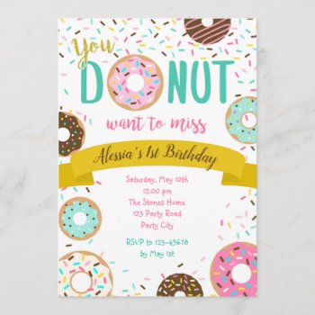 Donut Birthday Invitations Sprinkle Gold Pink Teal by CallaChic at Zazzle