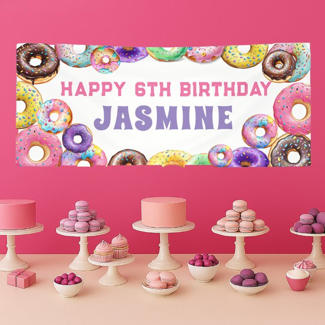 Donut Birthday Party Happy 6th Birthday Banner (Colorful donut birthday banner)