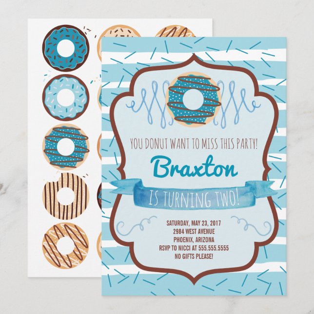 Donut Birthday Party Invitation for a Boy (Front/Back)