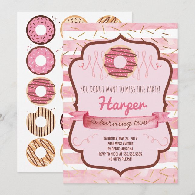 Donut Birthday Party Invitation for a Girl (Front/Back)