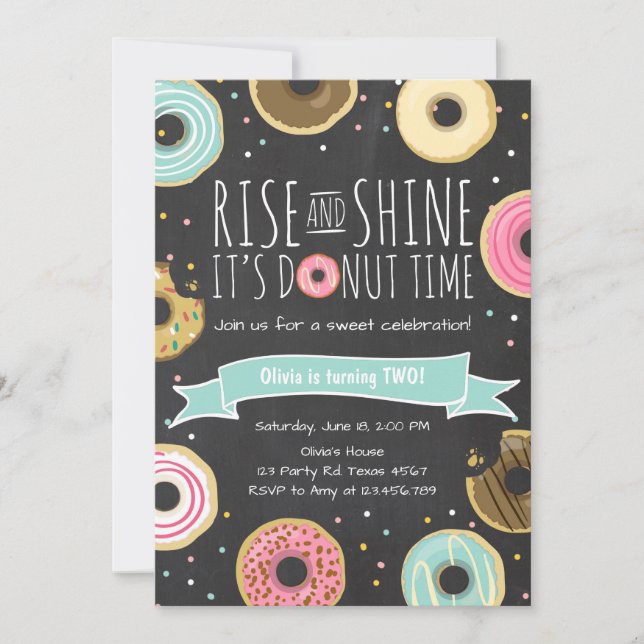 Donut Birthday Party Invitation Rise and Shine (Front)
