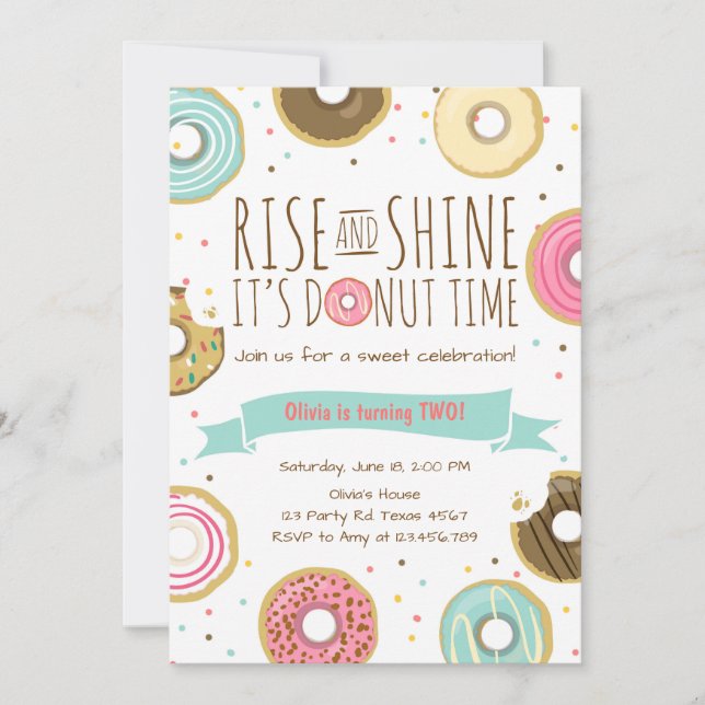 Donut Birthday Party Invitation Rise and Shine (Front)