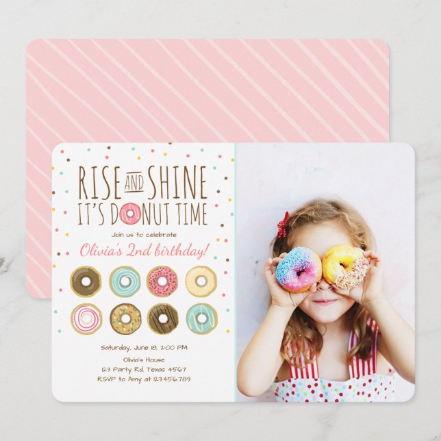 Donut Birthday Party Invitation Rise and Shine (Front/Back)