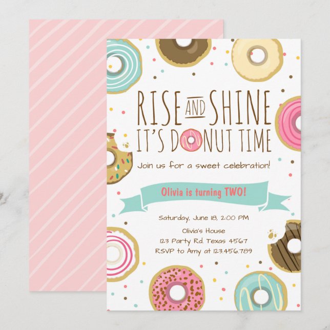 Donut Birthday Party Invitation Rise and Shine (Front/Back)
