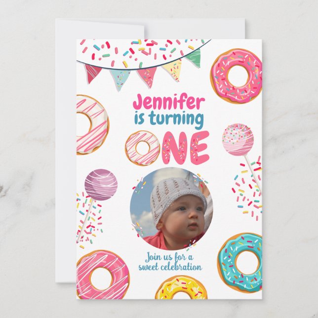 Donut Birthday Photo Invitation Sweet ONE (Front)