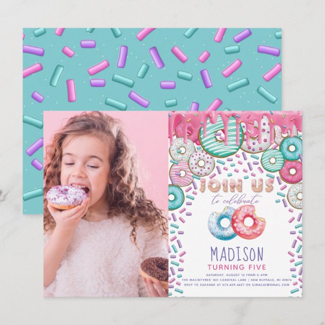 Donut Birthday Photo Sprinkles Colorful  Invitation (Front/Back)