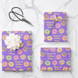 Donut Birthday Wrapping Paper Sheets - Purple Pink