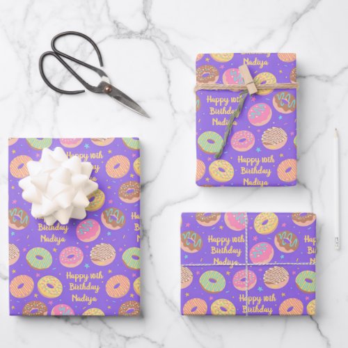Donut Birthday Wrapping Paper Sheets _ Purple Pink