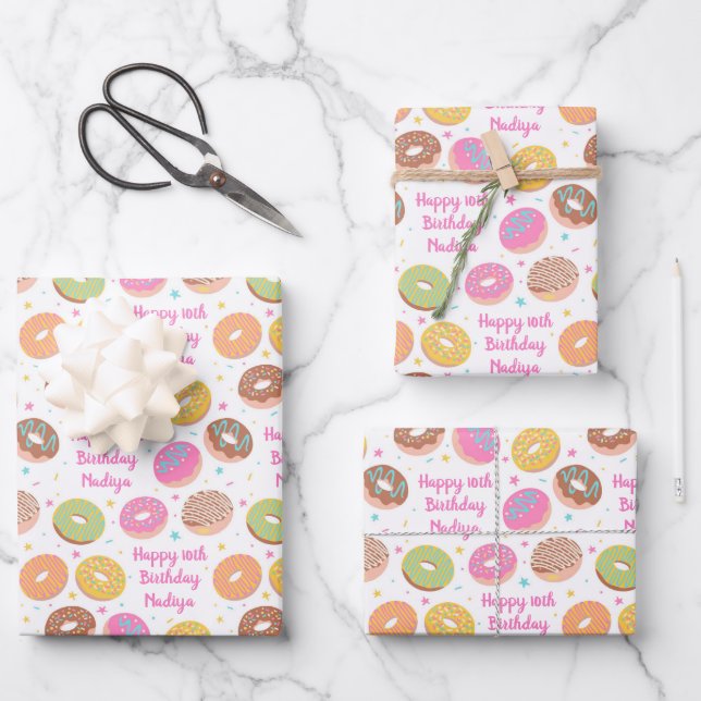 Donut Birthday Wrapping Paper Sheets - White Pink (Front)