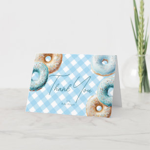 Donut   Blue Gingham Boy Baby Shower Letterpress Thank You Card
