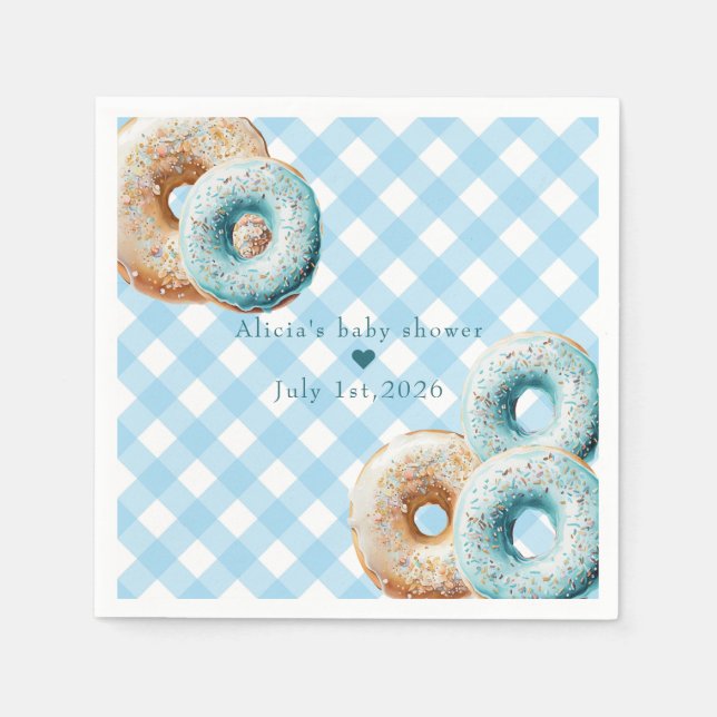 Donut | Blue Gingham Boy Baby Shower  Napkins (Front)