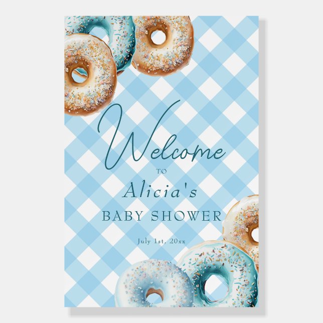 Donut Blue Gingham Boy Baby Shower Welcome Poster (Front)