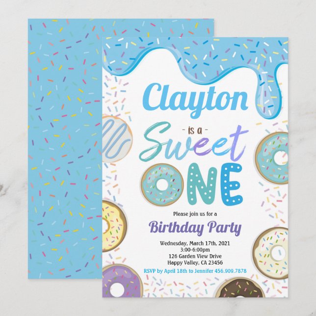 Donut Boy Sweet One 1st Birthday Party Blue  Invitation (Front/Back)