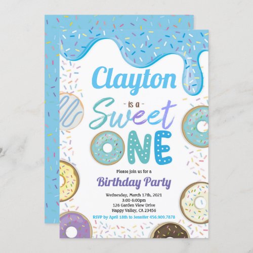 Donut Boy Sweet One 1st Birthday Party Blue  Invitation