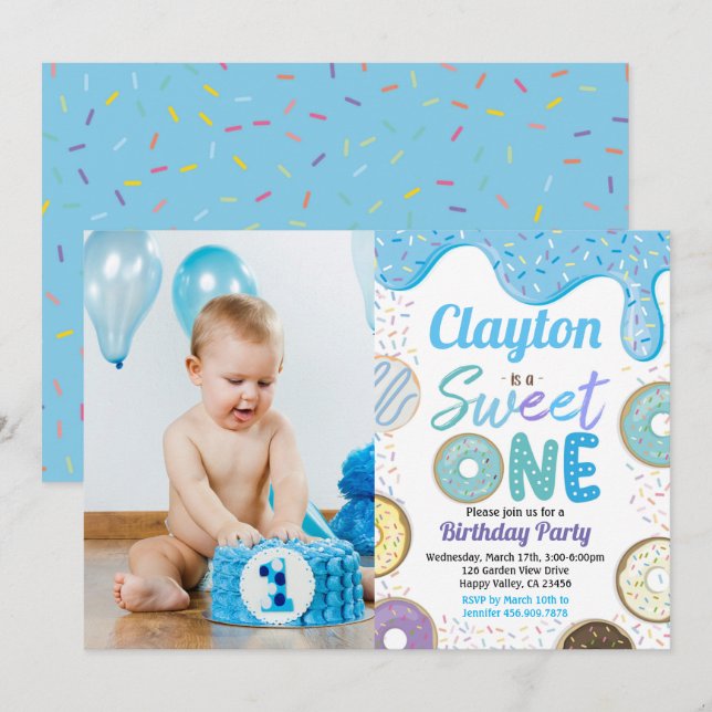 Donut Boy Sweet One 1st Birthday Party Blue Photo  Invitation (Front/Back)