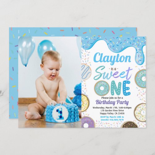 Donut Boy Sweet One 1st Birthday Party Blue Photo  Invitation